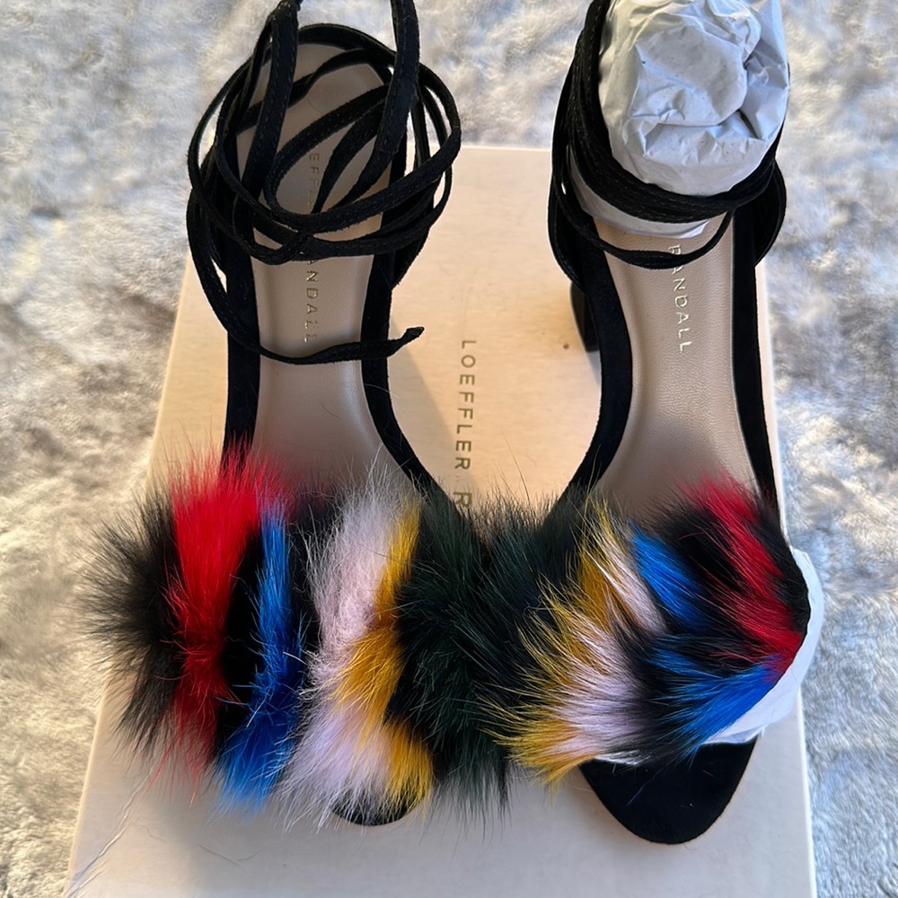 Loeffler Randall Real Fur Black Heel Ankle Wrap Heels Brand New Size 7.5
